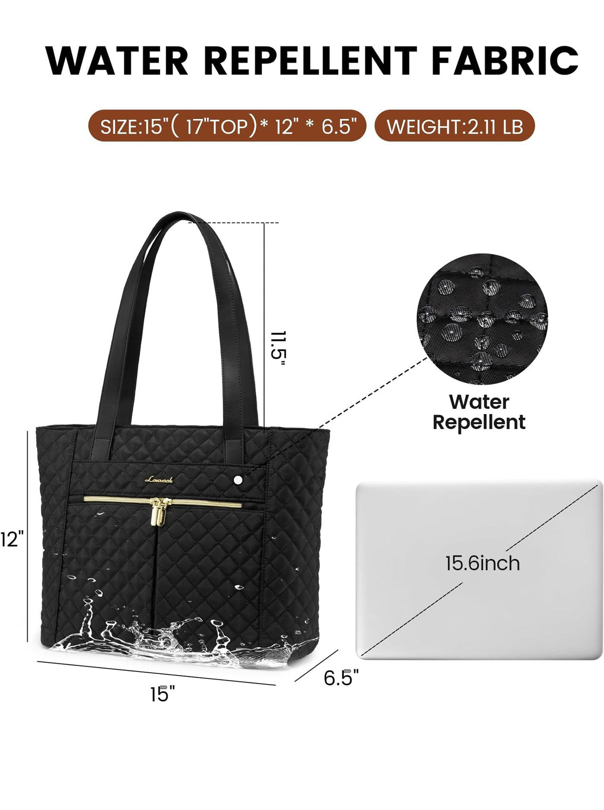 2Pcs Diamond Quilted Tote Bag, 15.6" 17"