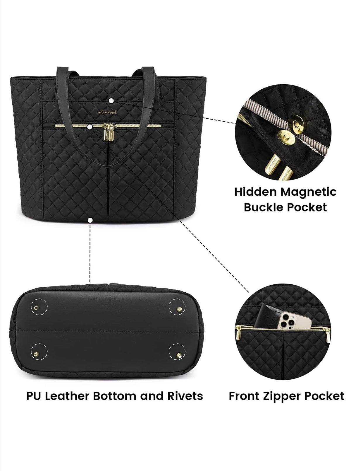 2Pcs Diamond Quilted Tote Bag, 15.6" 17"