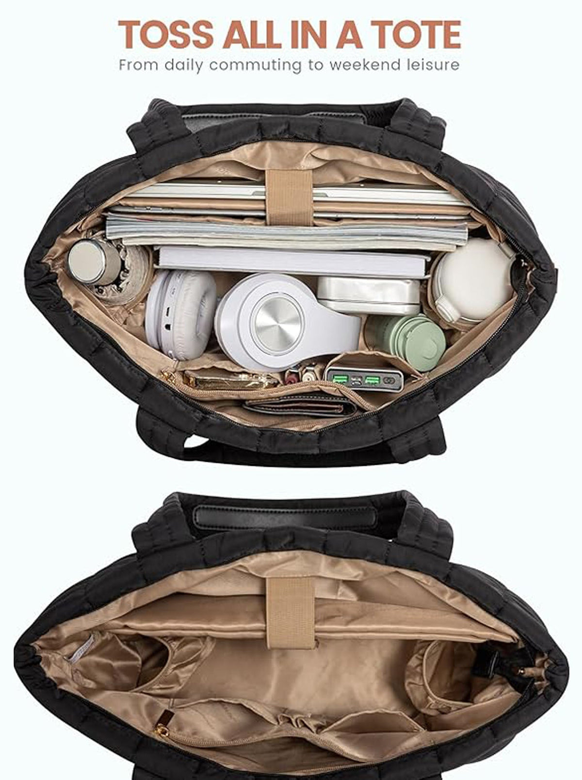 2Pcs Lightweight Puffer Tote Bag, 15.6" 17"