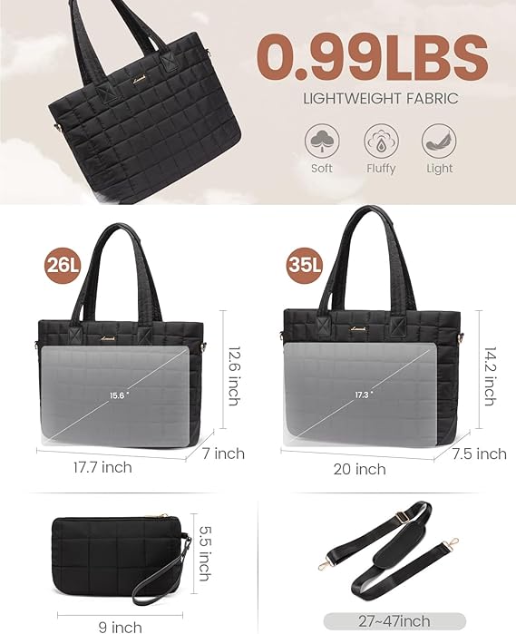2Pcs Lightweight Puffer Tote Bag, 15.6" 17"