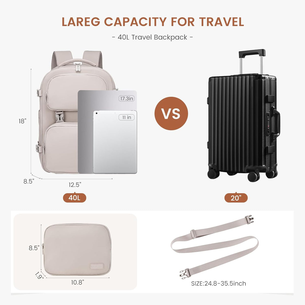 2Pcs Carry on Backpack, 40L 50L