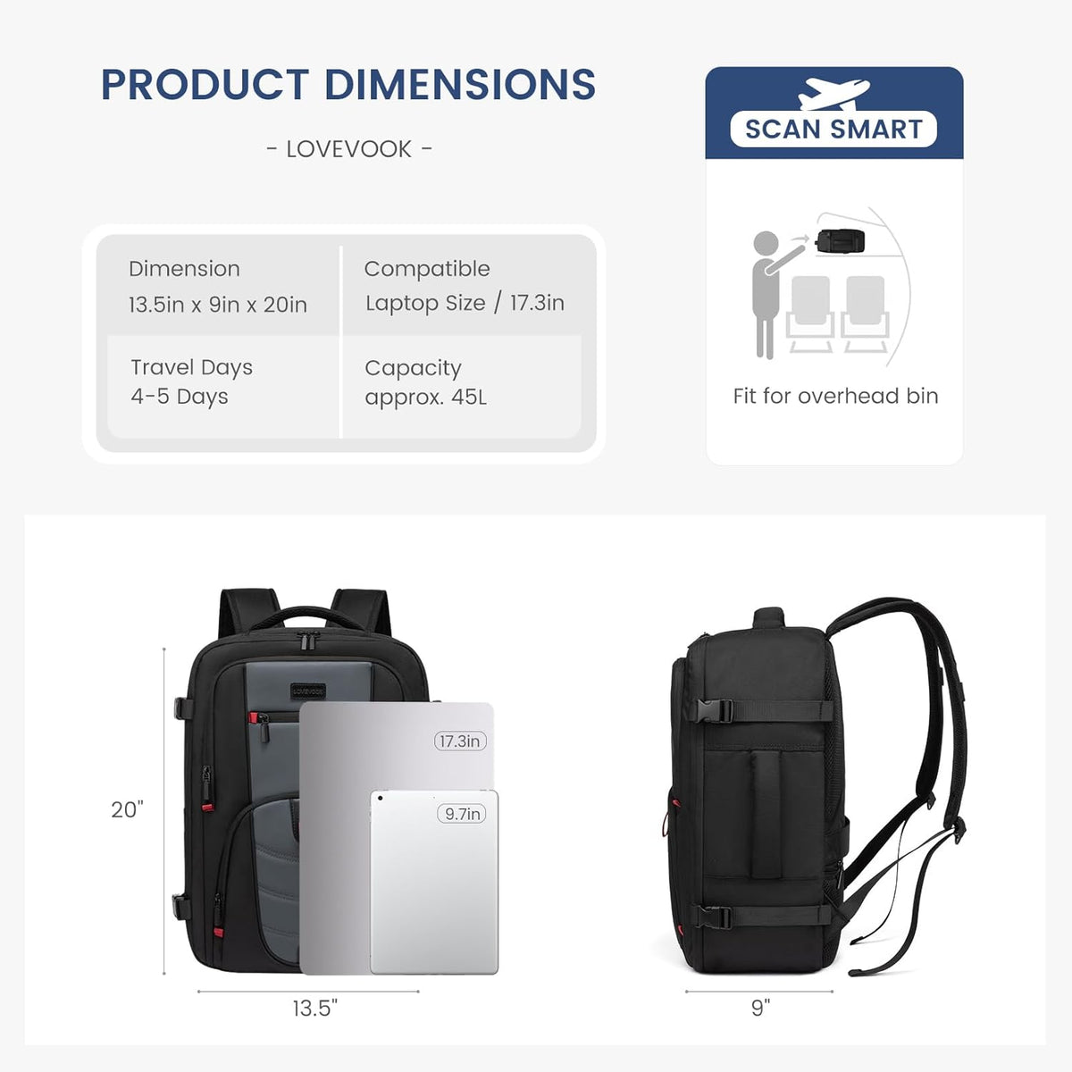 Travel Laptop Backpack, 35L 45L