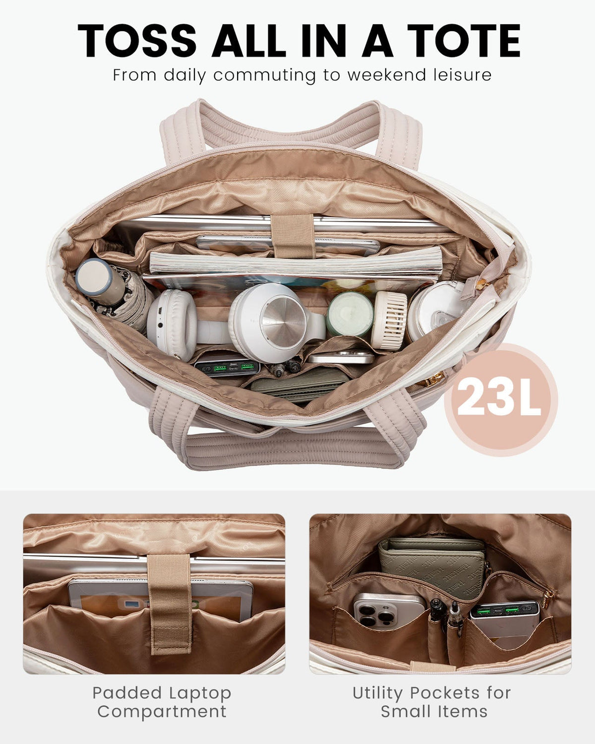 2Pcs Multi-pocket Puffer Tote Bag, 15.6" 17.3"